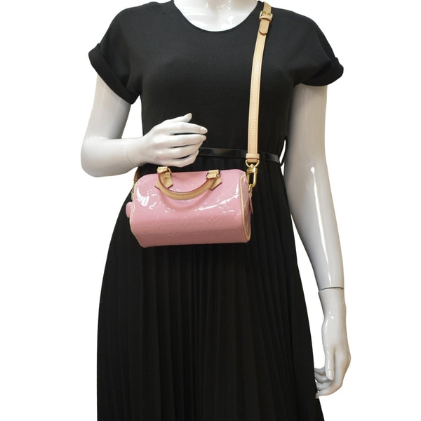 LOUIS VUITTON Nano Speedy Monogram Vernis Crossbody Bag Light Mochi Pink
