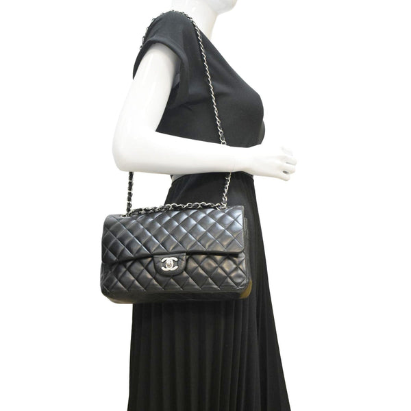 CHANEL Classic Medium Double Flap Leather Shoulder Bag Black