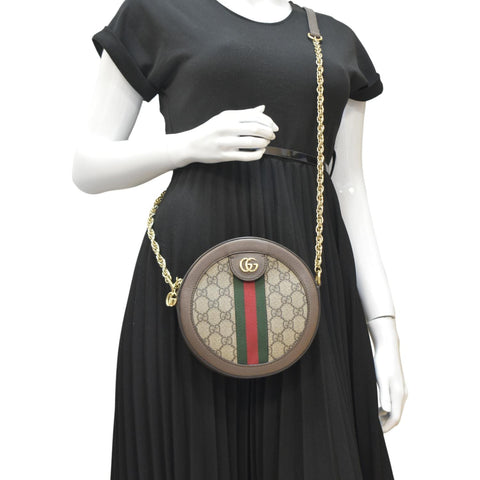 Ophidia Mini GG Round Supreme Monogram Web Crossbody Bag Beige 550618