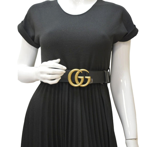 GUCCI Double G Buckle Leather Belt Size 95.38 Black 601254