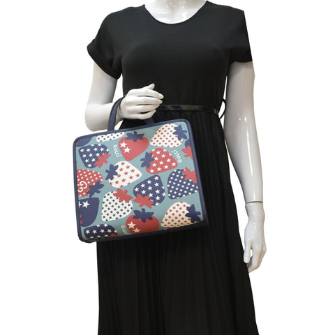 GUCCI Children's Strawberry Star Canvas Tote Bag Blue 605614