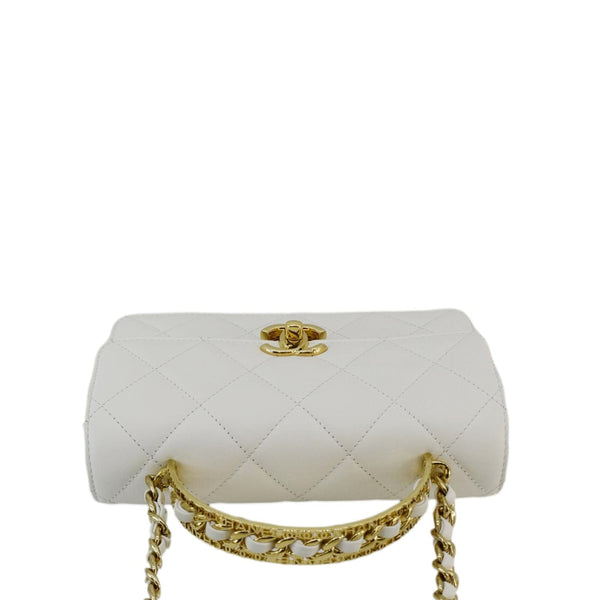 CHANEL Top Handle Flap Quilted Leather Shoulder Bag White