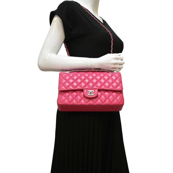 CHANEL Classic Double Flap Quilted Leather Shoulder Bag Rose Pink