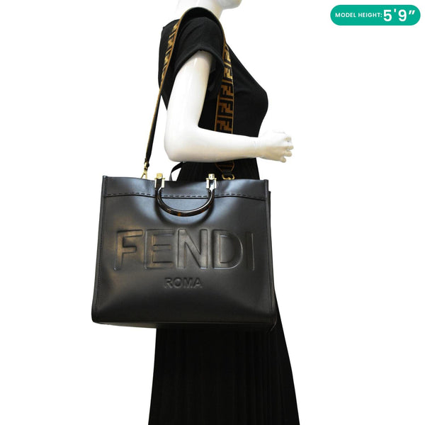 FENDI Sunshine Plexiglass Medium Leather Shopper Tote Bag Black