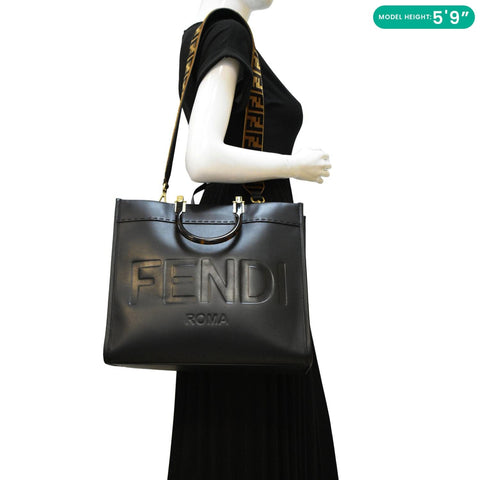 FENDI Sunshine Plexiglass Medium Leather Shopper Tote Bag Black