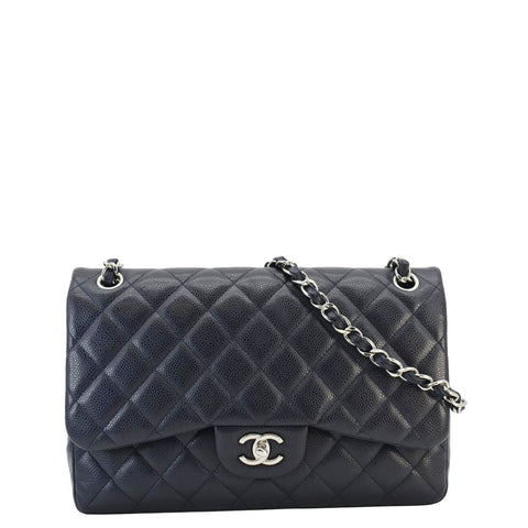 CHANEL Classic Jumbo Double Flap Quilted Caviar Leather Shoulder Bag Navy Blue