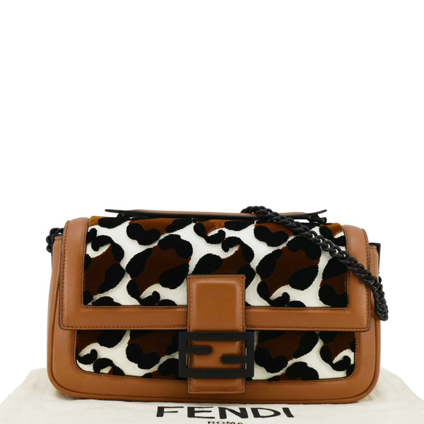 FENDI Baguette Leopard Print Calf Leather Shoulder Bag Brown