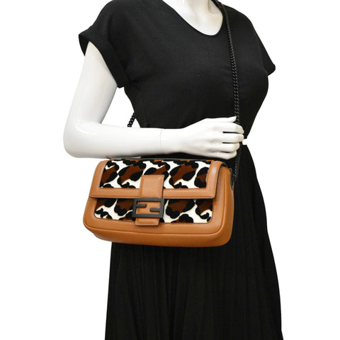 FENDI Baguette Leopard Print Calf Leather Shoulder Bag Brown