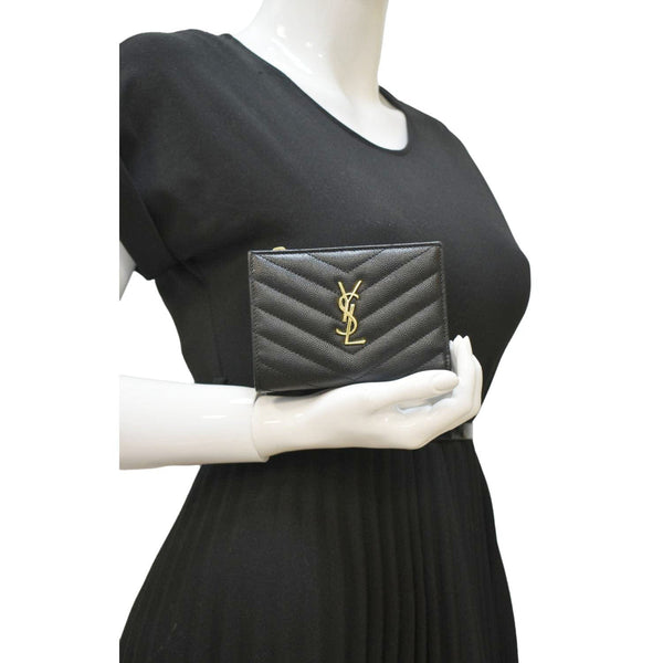 YVES SAINT LAURENT Monogram Compact Leather Zip Wallet Black