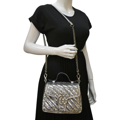 GUCCI GG Marmont Sequin Top Handle Crossbody Bag Silver 583571