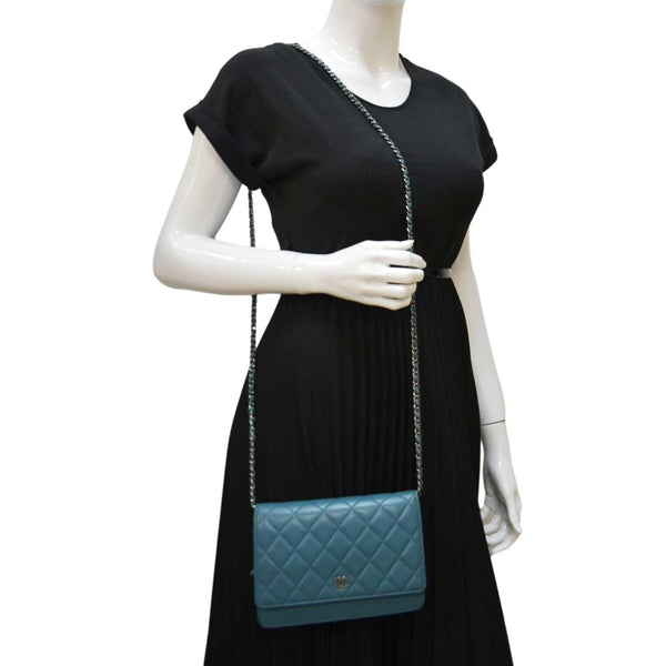 CHANEL WOC Quilted Leather Crossbody Wallet Light Blue