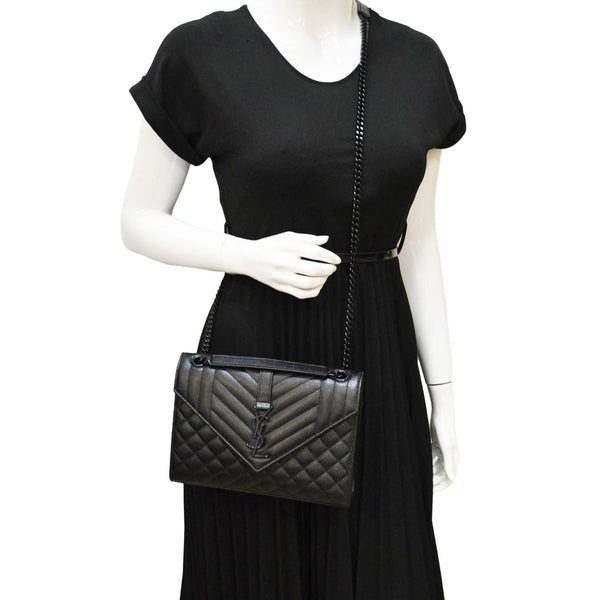 YVES SAINT LAURENT Envelope Medium Mixed Matelasse Leather Shoulder Bag Black