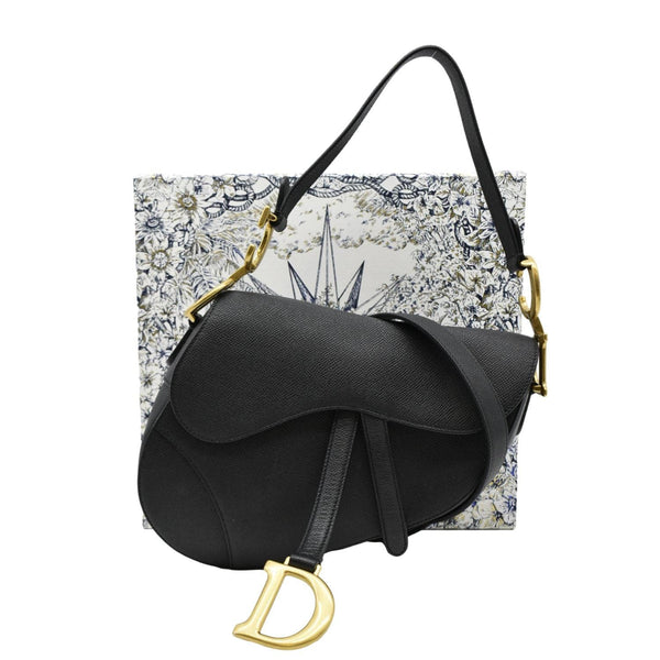 CHRISTIAN DIOR Saddle Grained Leather Satchel Shoulder Bag Black