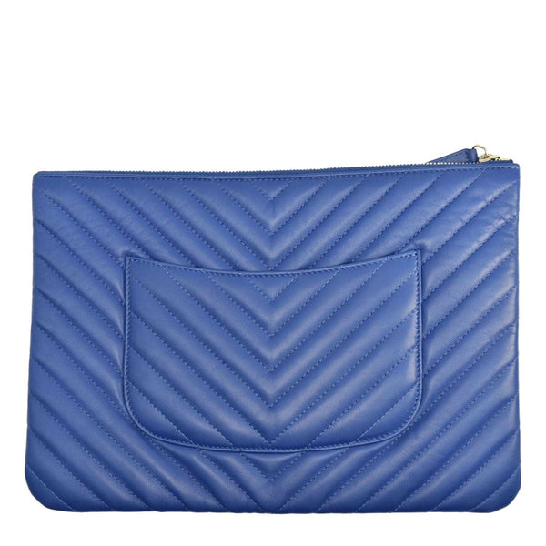 CHANEL O Case Chevron Leather Clutch Bag Blue