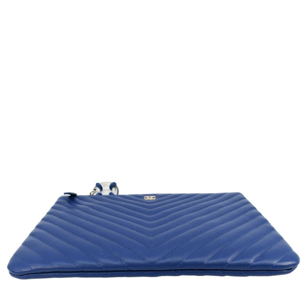 CHANEL O Case Chevron Leather Clutch Bag Blue