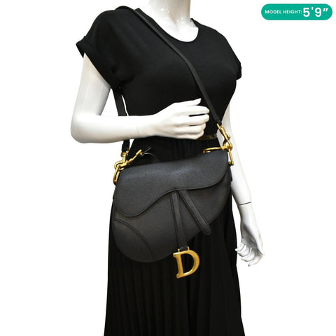 CHRISTIAN DIOR Saddle Grained Leather Satchel Shoulder Bag Black