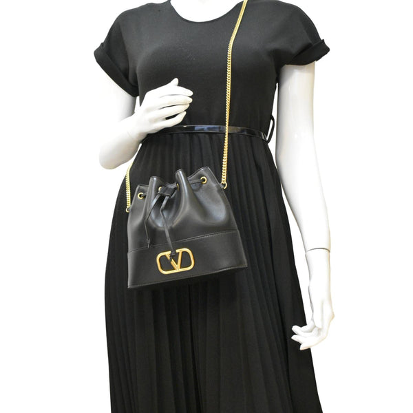 VALENTINO Mini Bucket Nappa Leather Chain Crossbody Bag Black