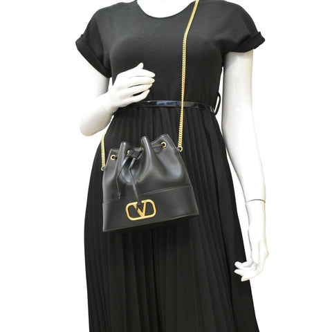 VALENTINO Mini Bucket Nappa Leather Chain Crossbody Bag Black