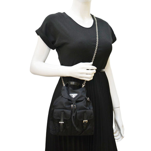 PRADA Double Pocket Mini Nylon Backpack Crossbody Bag Black