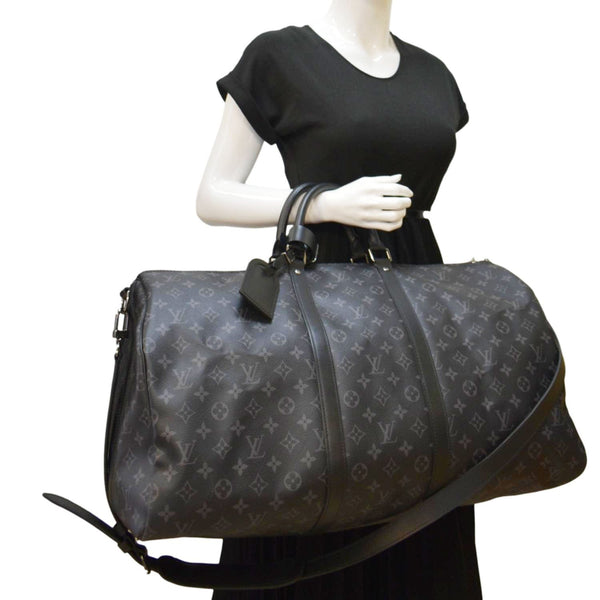 LOUIS VUITTON Keepall 55 Bandouliere Monogram Eclipse Travel Bag Black