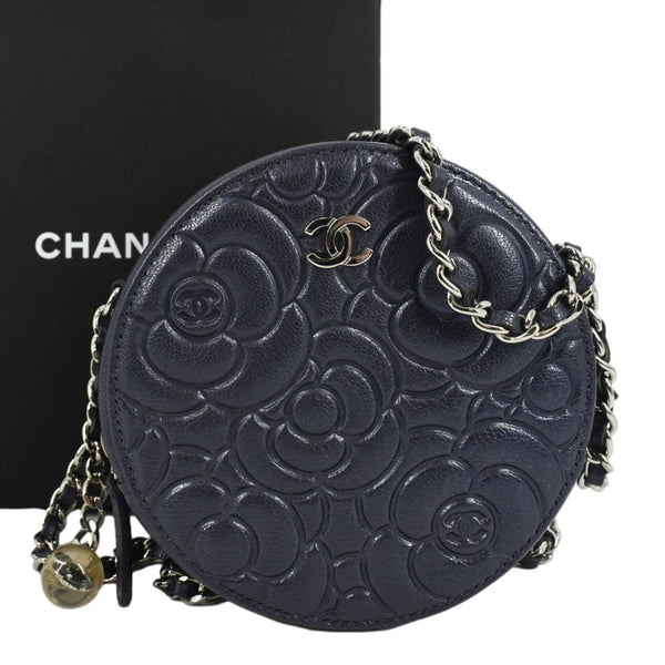 CHANEL Camellia Round Goatskin Leather Crossbody Bag Dark Blue