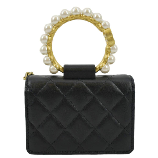 CHANEL Pearl Mini Quilted Leather Top Handle Shoulder Bag Black