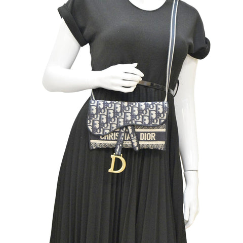 CHRISTIAN DIOR Saddle Slim Oblique Canvas Crossbody Bag Navy Blue
