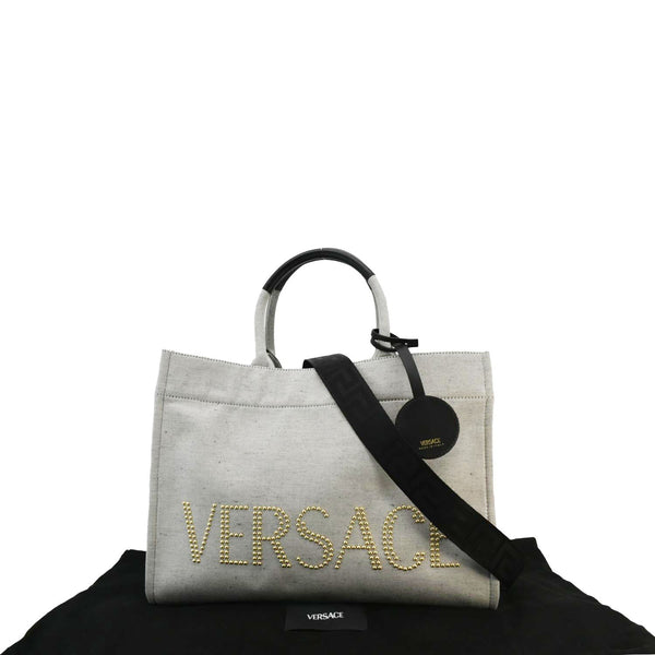 VERSACE Logo Fabric Canvas Tote Shoulder Bag White