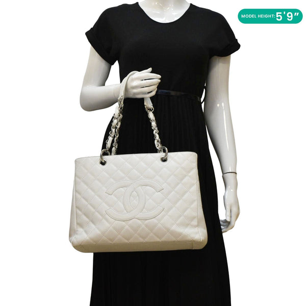 CHANEL Grand Shopping Quilted Caviar Leather GST Tote Bag White