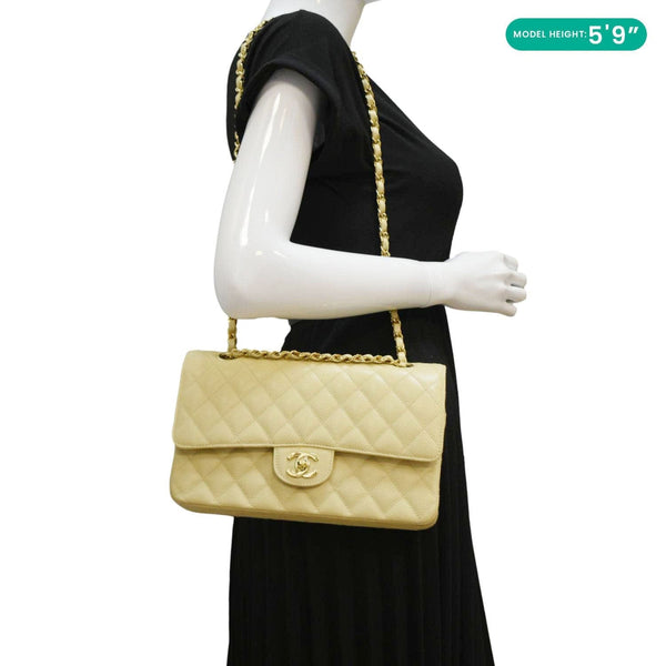 CHANEL Classic Double Flap Quilted Caviar Leather Shoulder Bag Cream