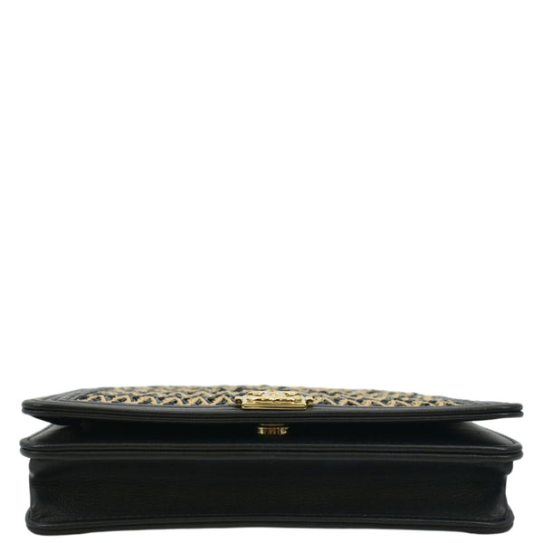 CHANEL Boy Flap Woven Raffia Leather Shoulder Bag Black