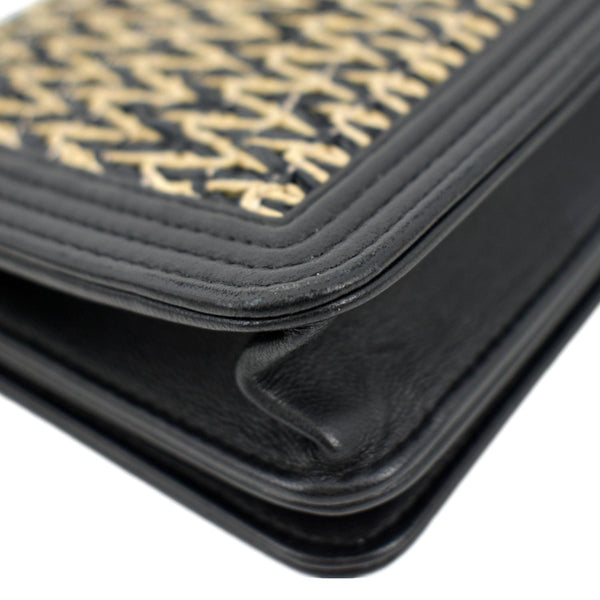 CHANEL Boy Flap Woven Raffia Leather Shoulder Bag Black