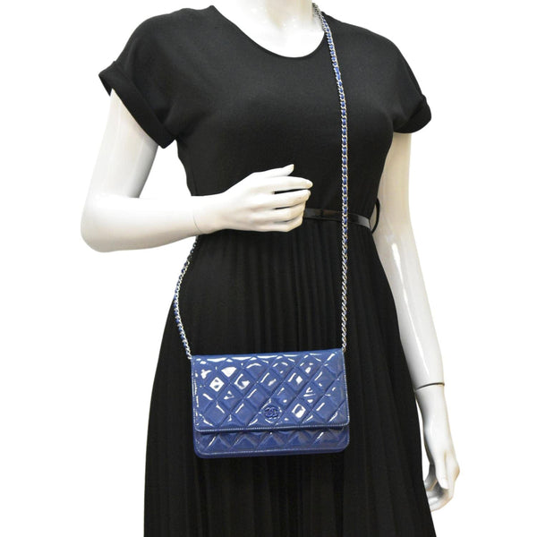 CHANEL WOC Quilted Patent Leather Blue Crossbody Bag dummy look