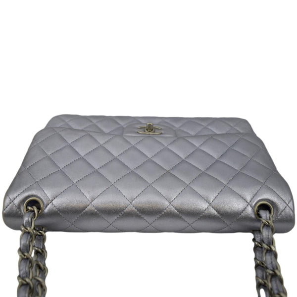 CHANEL Jumbo Flap Quilted Leather Shoulder Bag Silver