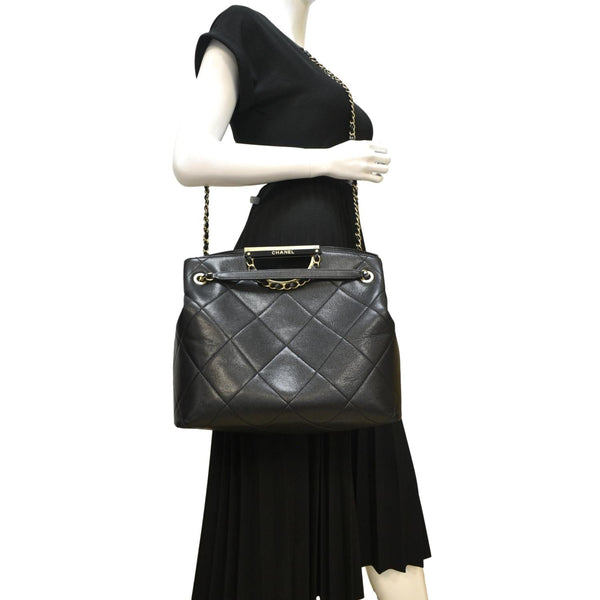 CHANEL Large A Real Catch Quilted Leather Shopping Tote Bag Black