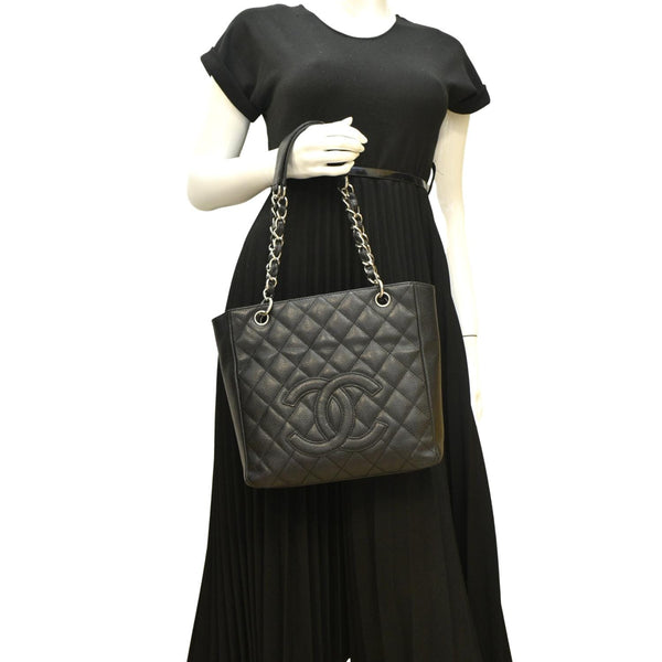 CHANEL PST Caviar Leather Quilted Shopping Tote Bag Black