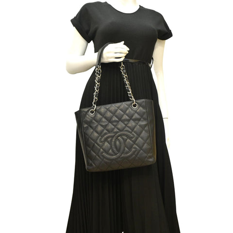 CHANEL PST Caviar Leather Quilted Shopping Tote Bag Black