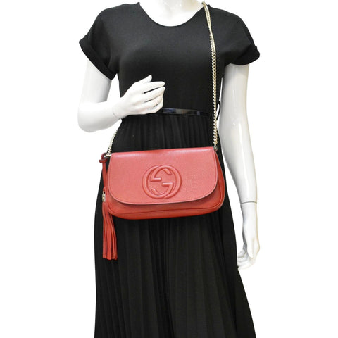 GUCCI Soho GG Flap Leather Chain Crossbody Bag Red 536224