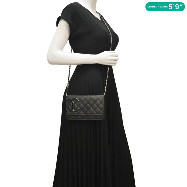 CHANEL Cambon Ligne Wallet On Chain Quilted Leather Clutch Crossbody Bag Black