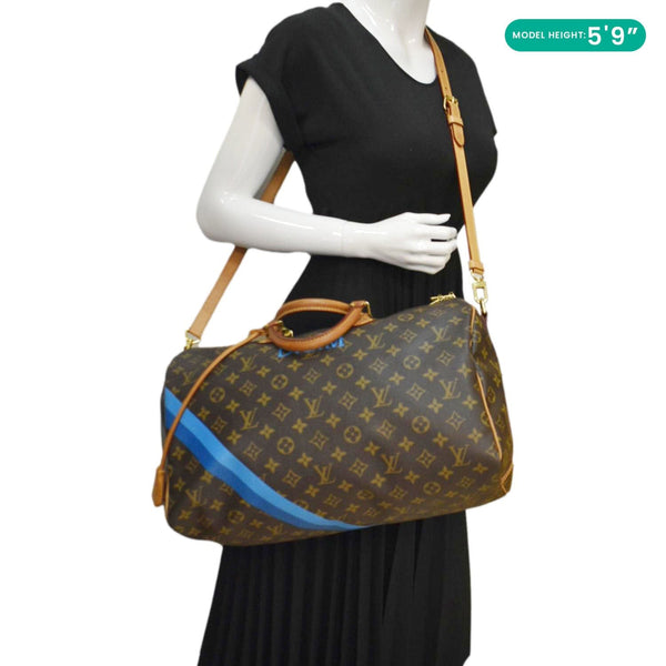 LOUIS VUITTON Speedy 40 Bandouliere Heritage Monogram Canvas Travel Bag Blue Clair
