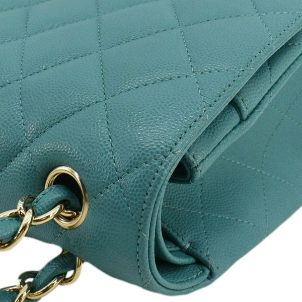 CHANEL Classic Double Flap Jumbo Quilted Caviar Leather Shoulder Bag Turquoise