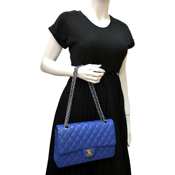 CHANEL Classic Double Flap Quilted Leather Shoulder Bag Blue