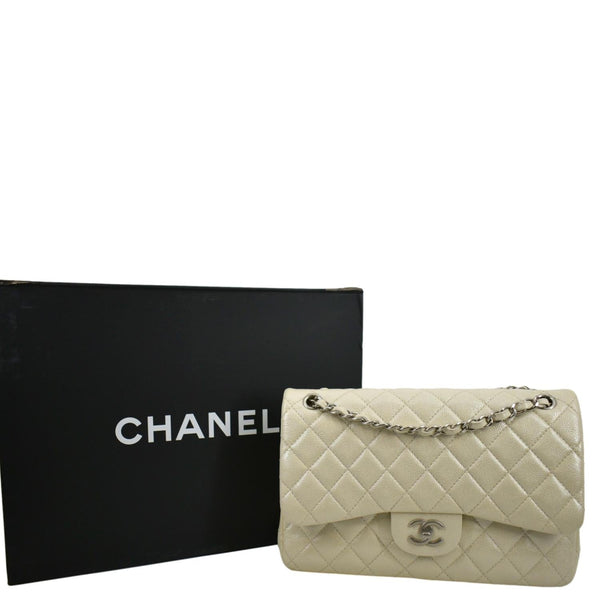 CHANEL Classic Double Flap Quilted Leather Shoulder Bag Ivory