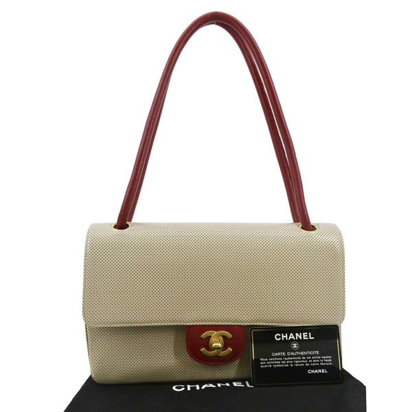 CHANEL Vintage Flap Top Handle Beige Leather Shoulder Bag with close front view