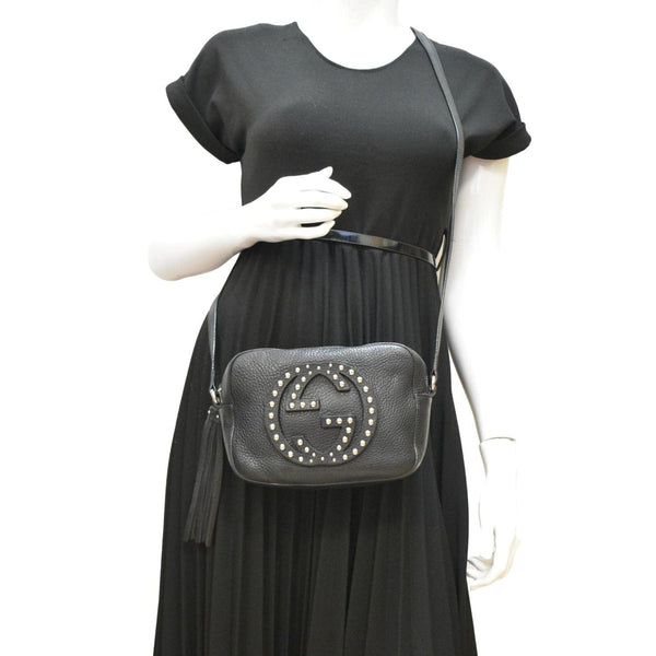 GUCCI Soho Disco Studded Leather Crossbody Bag Black 308364