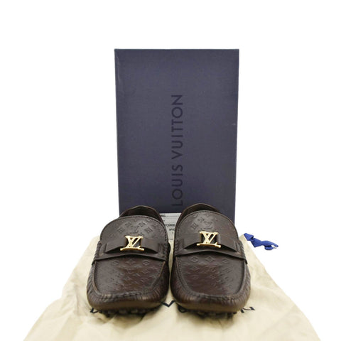 LOUIS VUITTON Hockenheim Moccasin Monogram Leather Loafers Brown US 9