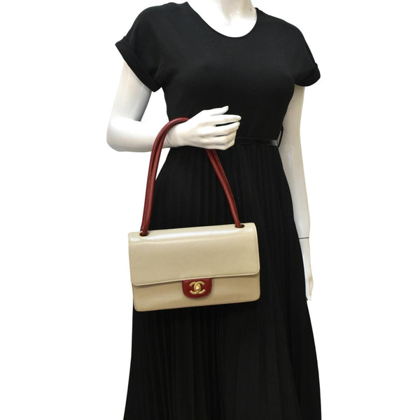 CHANEL Vintage Flap Top Handle Beige Leather Shoulder Bag with body view