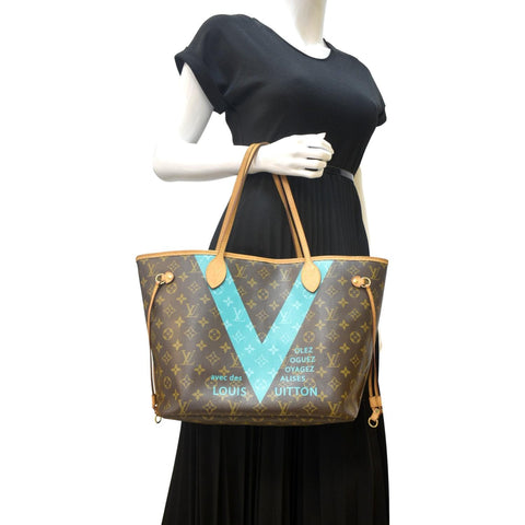 LOUIS VUITTON Limited Edition V Neverfull MM Monogram Canvas Tote Bag Turquoise