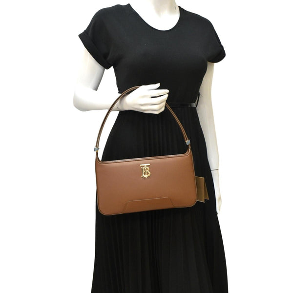 BURBERRY TB Medium Italian Tan Leather Shoulder Bag with body view