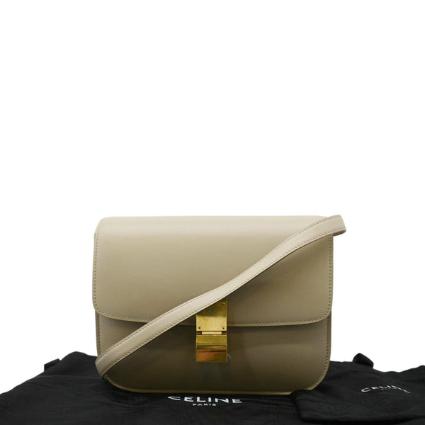CELINE Classic Box Medium  Leather Flap Shoulder Bag Griege